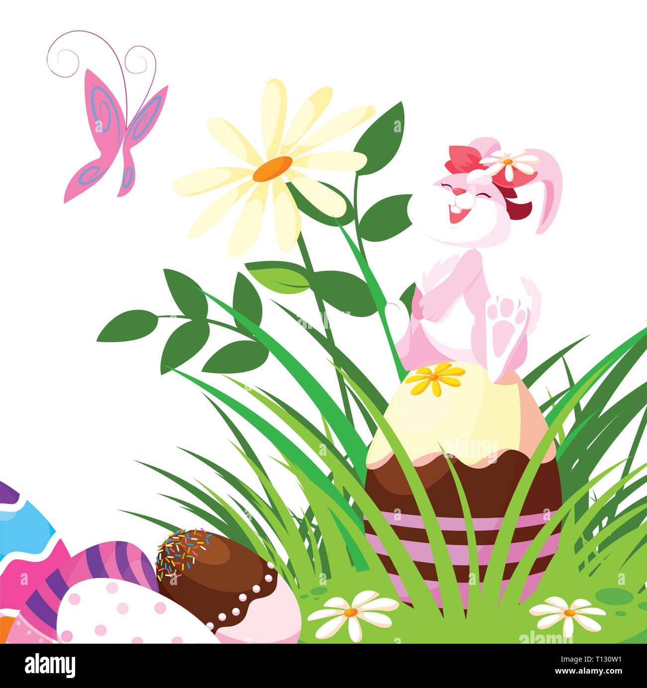 rabbit easter female with egg painted in the garden vector illustration ...