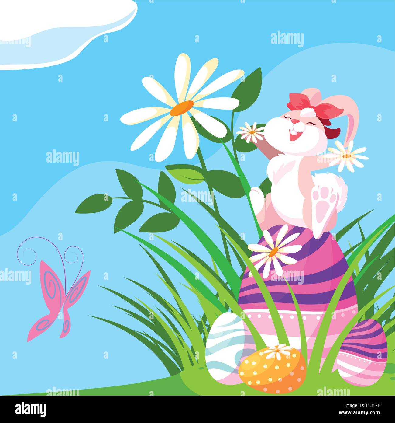 cute female rabbit with eggs of easter in garden vector illustration ...