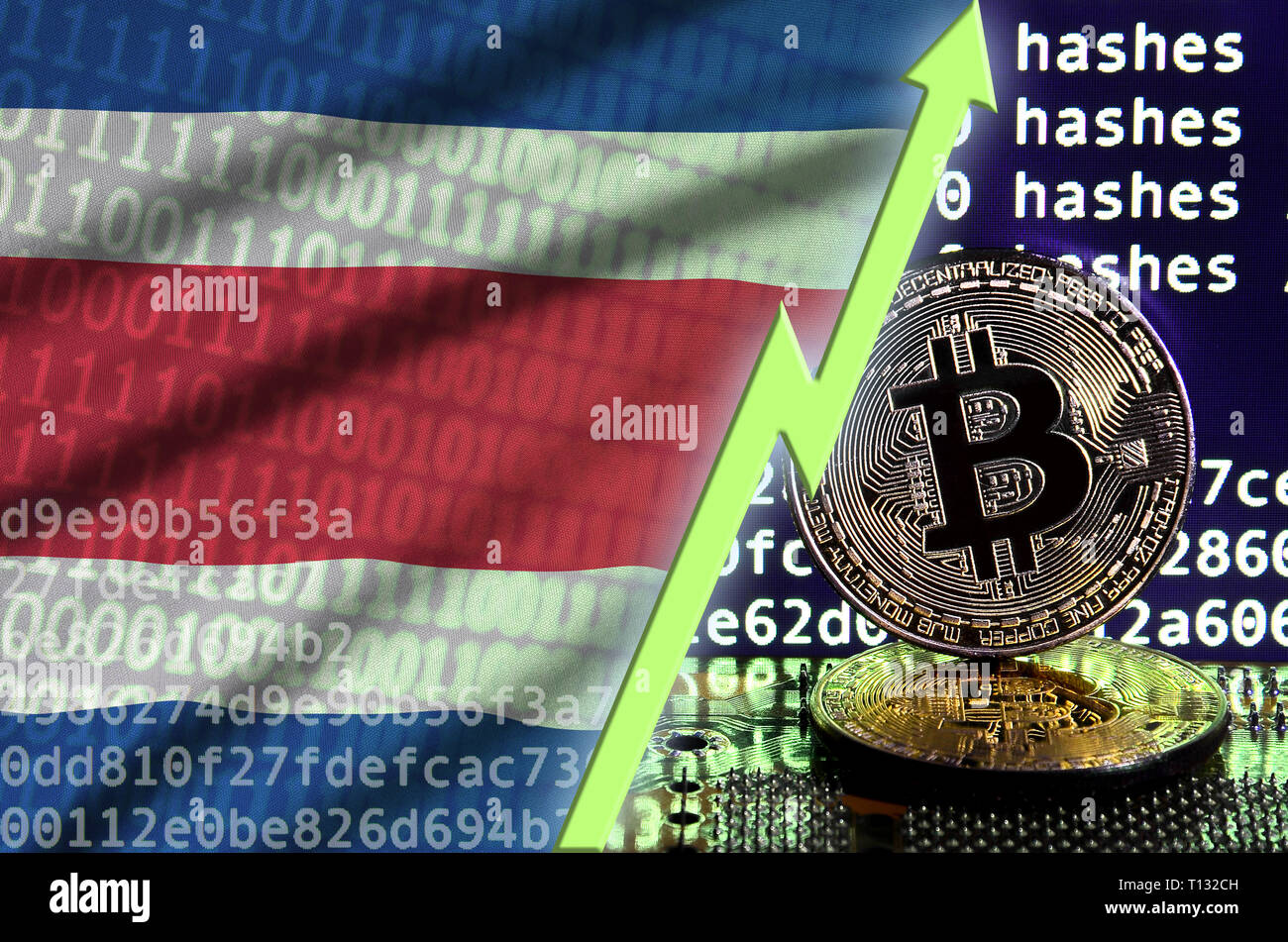 Costa Rica flag and rising green arrow on bitcoin mining screen and two  physical golden bitcoins. Concept of high conversion in cryptocurrency  mining Stock Photo - Alamy