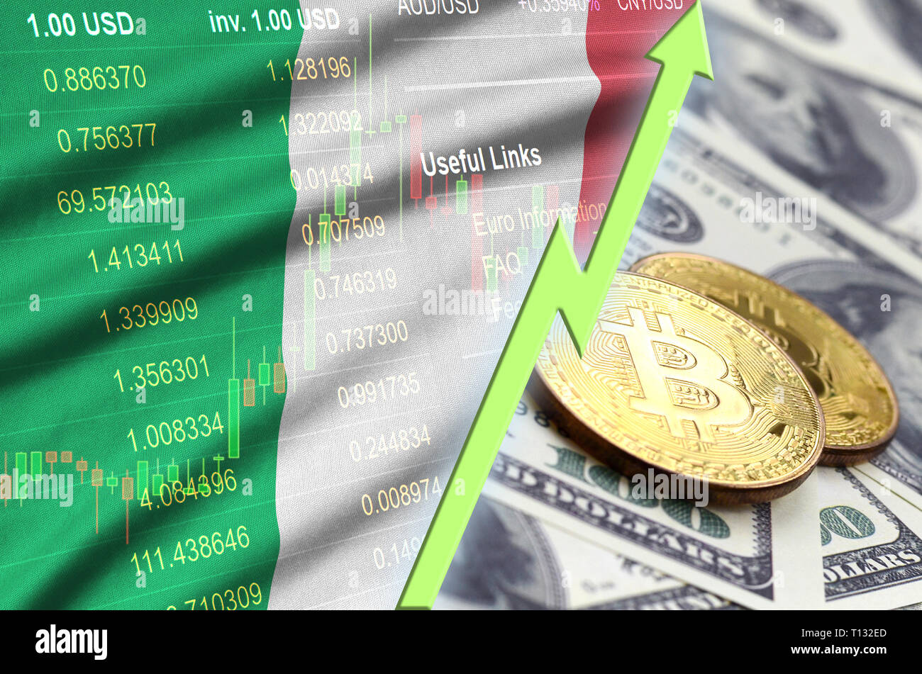 Italy flag and cryptocurrency growing trend with many golden bitcoins.  Concept of raising Bitcoin in price or high conversion in cryptocurrency  minin Stock Photo - Alamy