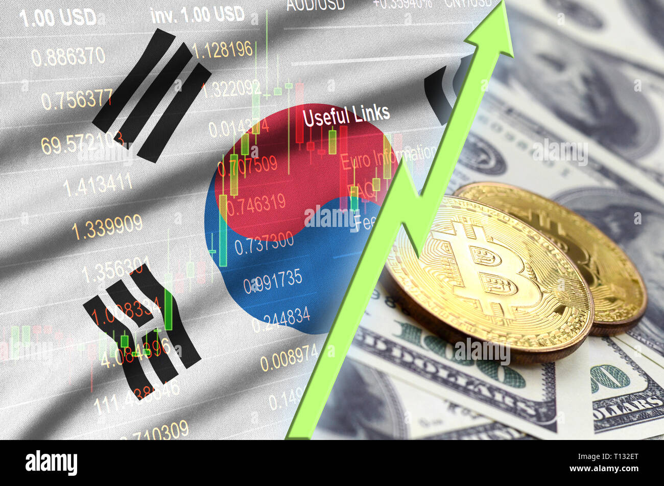 South Korea Flag And Cryptocurrency Growing Trend With Two Bitcoins - 