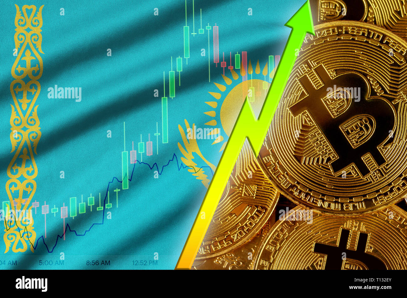 Kazakhstan flag and cryptocurrency growing trend with many golden bitcoins.  Concept of raising Bitcoin in price or high conversion in cryptocurrency  Stock Photo - Alamy