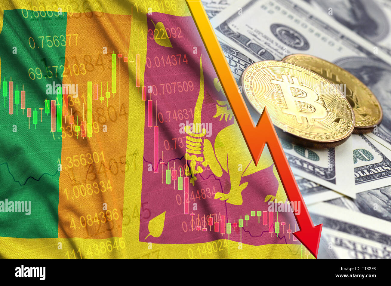Sri Lanka flag and cryptocurrency falling trend with two bitcoins on dollar  bills. Concept of depreciation Bitcoin in price against the dollar Stock  Photo - Alamy
