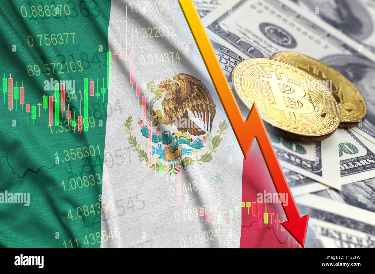 Mexico flag and cryptocurrency falling trend with two bitcoins on dollar  bills. Concept of depreciation Bitcoin in price against the dollar Stock  Photo - Alamy