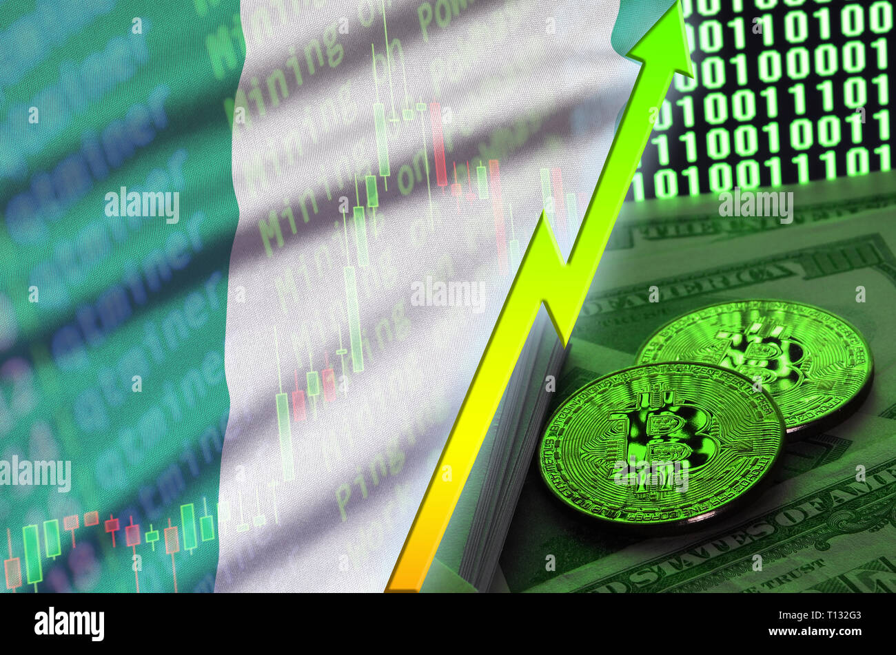 Nigeria flag and cryptocurrency growing trend with many golden bitcoins.  Concept of raising Bitcoin in price or high conversion in cryptocurrency  min Stock Photo - Alamy