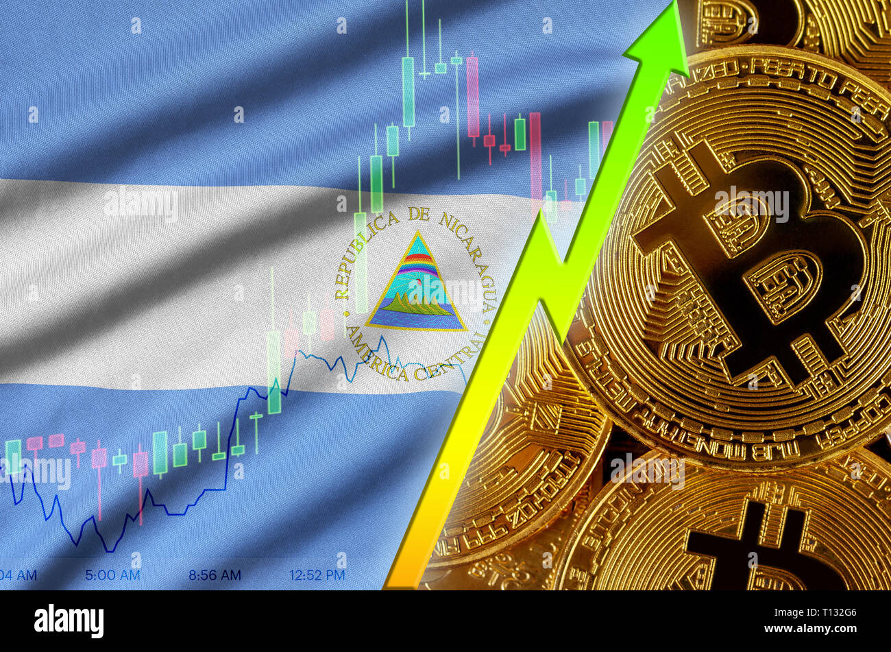 Nicaragua flag and cryptocurrency growing trend with many golden bitcoins.  Concept of raising Bitcoin in price or high conversion in cryptocurrency m  Stock Photo - Alamy