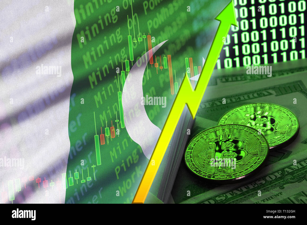 Pakistan flag and cryptocurrency growing trend with two bitcoins on dollar  bills and binary code display. Concept of raising Bitcoin in price and high  Stock Photo - Alamy