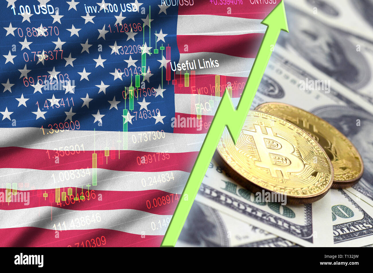 United States of America flag and cryptocurrency growing trend with two  bitcoins on dollar bills. Concept of raising Bitcoin in price against the  doll Stock Photo - Alamy