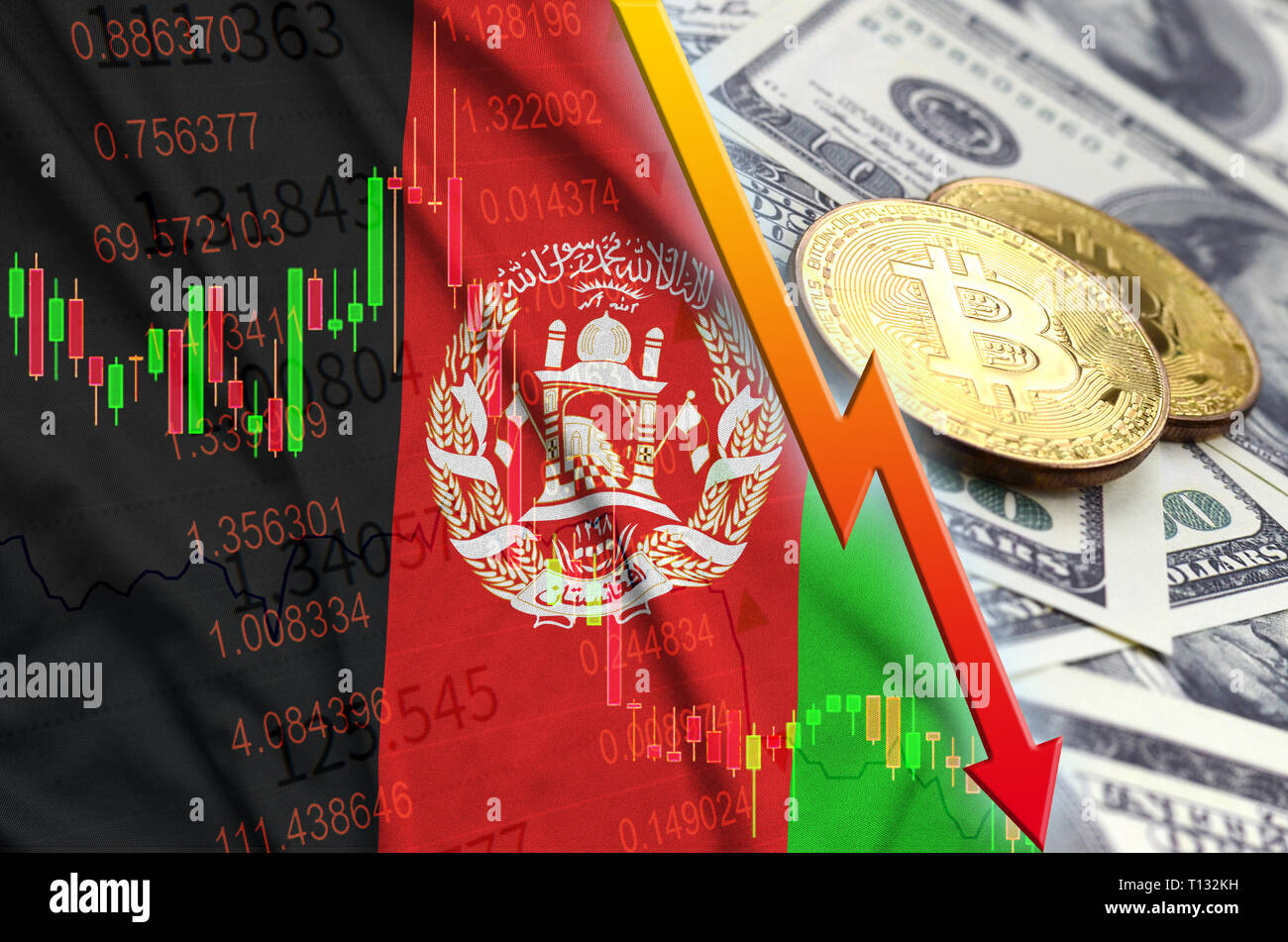 Afghanistan flag and cryptocurrency falling trend with many golden bitcoins.  Concept of reduction Bitcoin in price or bad conversion in cryptocurrency  Stock Photo - Alamy