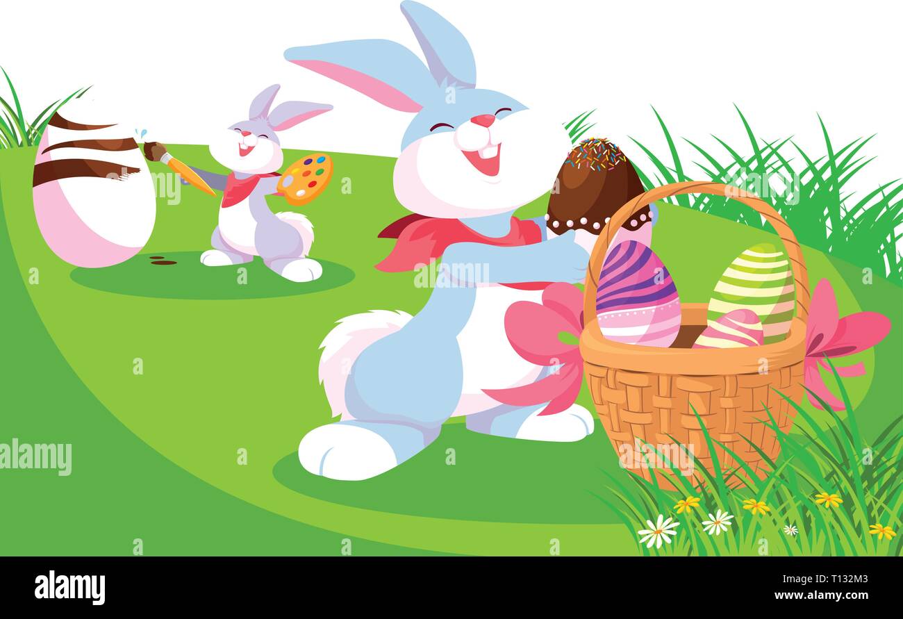 cute rabbits couple with eggs painted in basket vector illustration ...