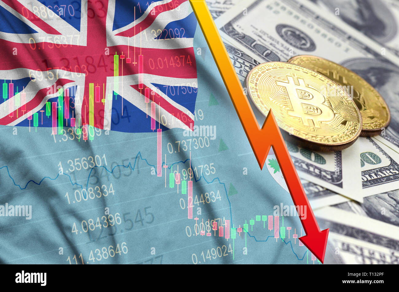 Fiji flag and cryptocurrency falling trend with two bitcoins on dollar  bills. Concept of depreciation Bitcoin in price against the dollar Stock  Photo - Alamy