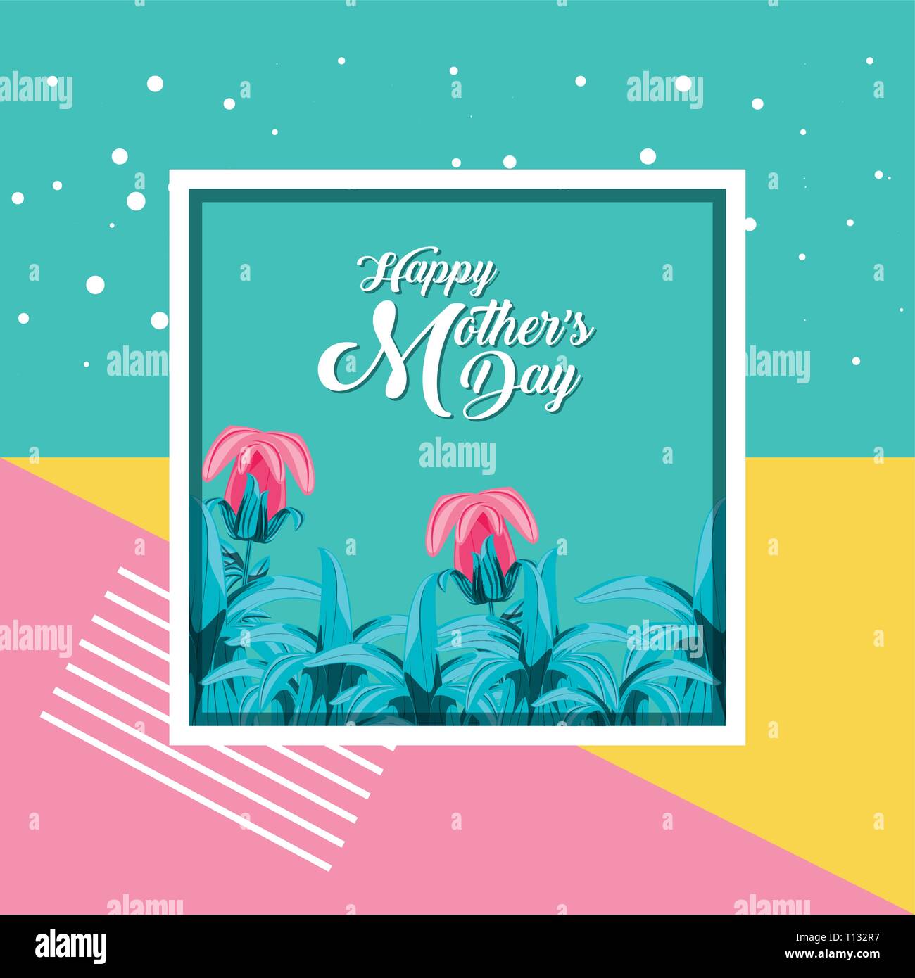 happy mother day card with flowers and frame square vector illustration ...