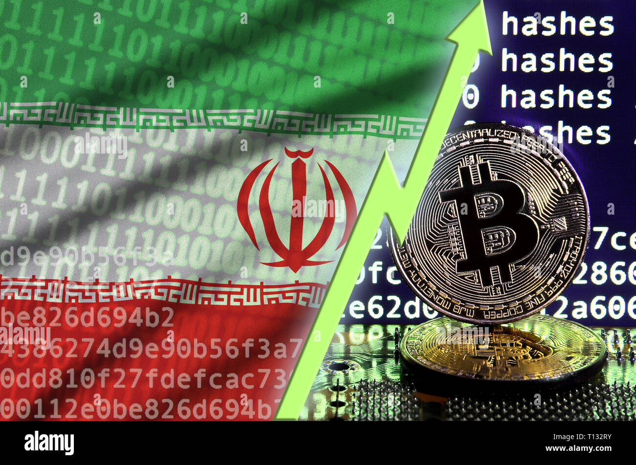 Iran flag and rising green arrow on bitcoin mining screen and two physical  golden bitcoins. Concept of high conversion in cryptocurrency mining Stock  Photo - Alamy