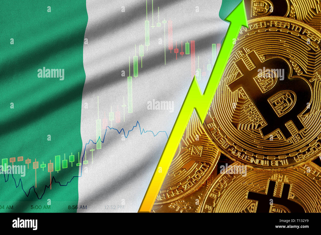 Nigeria flag and cryptocurrency growing trend with many golden bitcoins.  Concept of raising Bitcoin in price or high conversion in cryptocurrency  min Stock Photo - Alamy