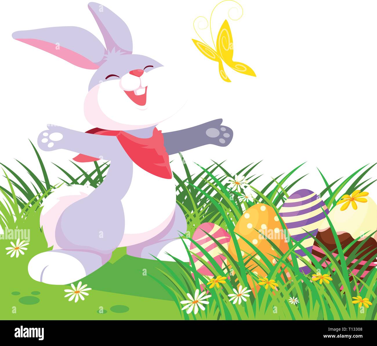 cute rabbit easter with eggs painted in the garden vector illustration ...
