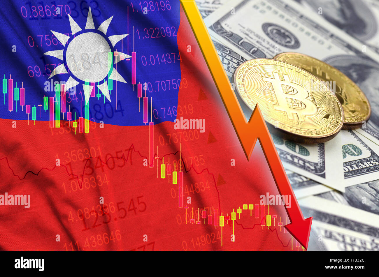 Taiwan flag and cryptocurrency falling trend with two bitcoins on dollar  bills. Concept of depreciation Bitcoin in price against the dollar Stock  Photo - Alamy