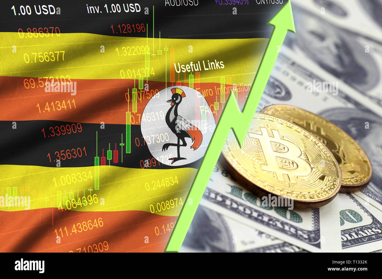 Uganda flag and cryptocurrency growing trend with two bitcoins on dollar  bills. Concept of raising Bitcoin in price against the dollar Stock Photo -  Alamy