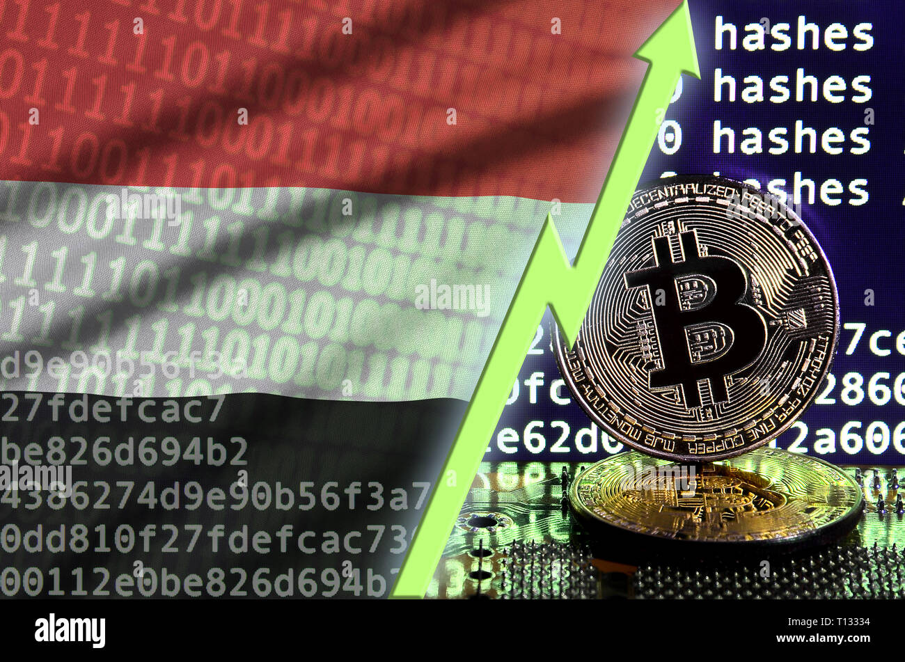 Yemen flag and rising green arrow on bitcoin mining screen and two physical golden bitcoins. Concept of high conversion in cryptocurrency mining Stock Photo