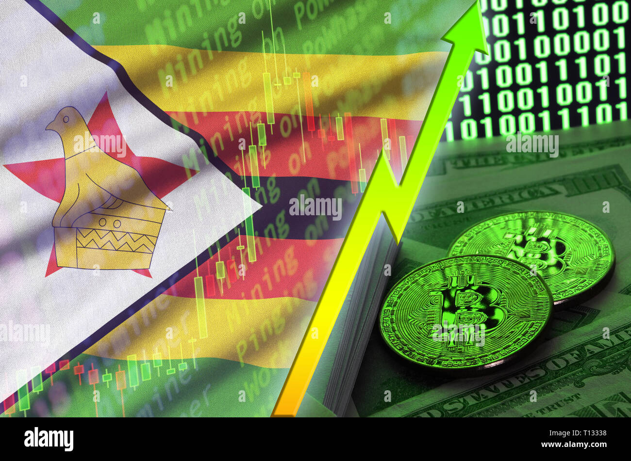 Zimbabwe Flag And Cryptocurrency Growing Trend With Two Bitcoins On - 