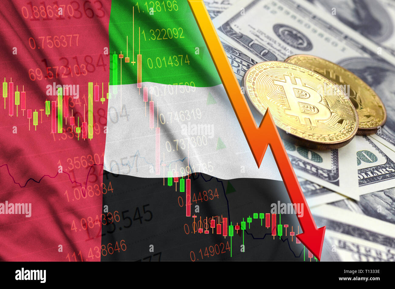 United Arab Emirates flag and cryptocurrency falling trend with two  bitcoins on dollar bills. Concept of depreciation Bitcoin in price against  the dol Stock Photo - Alamy