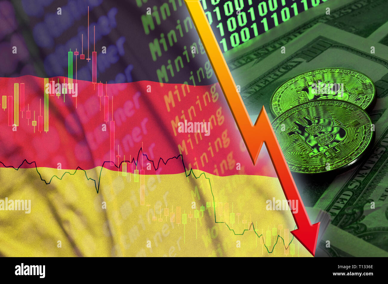 Germany flag and cryptocurrency falling trend with two bitcoins on dollar  bills and binary code display. Concept of reduction Bitcoin in price and  bad Stock Photo - Alamy