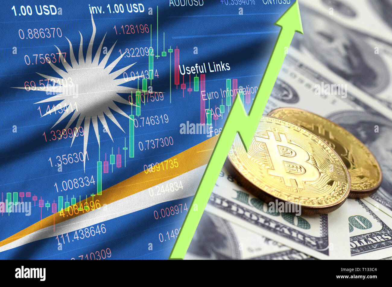 Marshall Islands flag and cryptocurrency growing trend with many golden  bitcoins. Concept of raising Bitcoin in price or high conversion in  cryptocur Stock Photo - Alamy