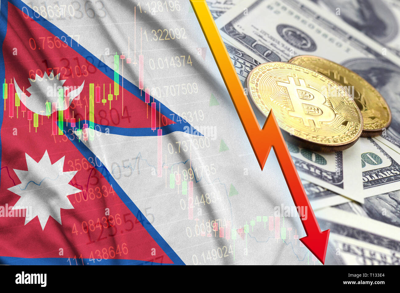 Nepal flag and cryptocurrency falling trend with two bitcoins on dollar  bills. Concept of depreciation Bitcoin in price against the dollar Stock  Photo - Alamy