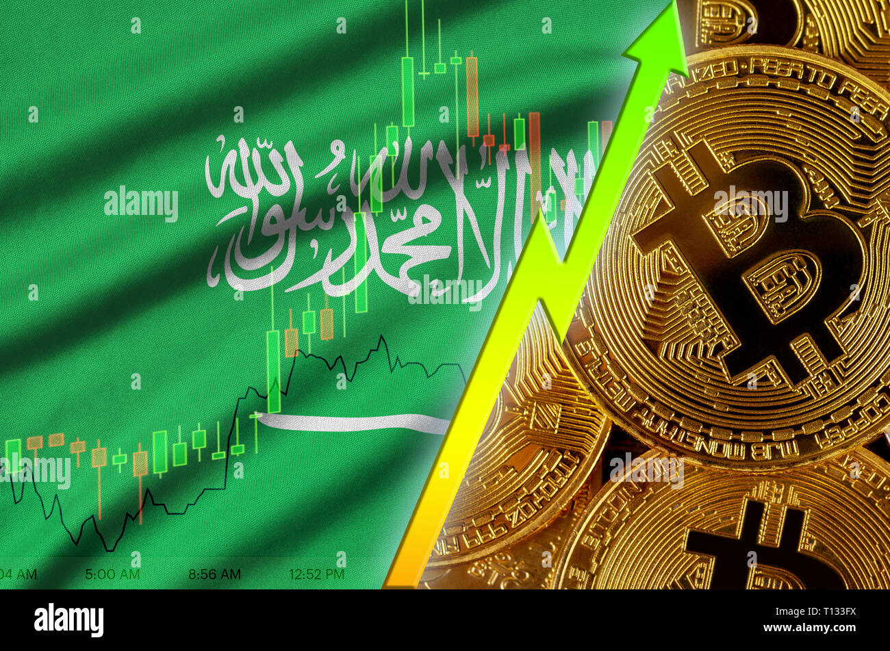 Saudi Arabia flag and cryptocurrency growing trend with two bitcoins on  dollar bills. Concept of raising Bitcoin in price against the dollar Stock  Photo - Alamy