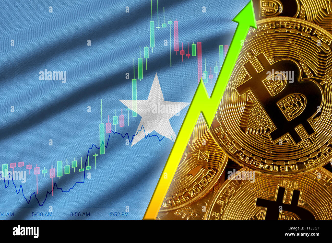 Somalia flag and cryptocurrency growing trend with two bitcoins on dollar  bills and binary code display. Concept of raising Bitcoin in price and high  Stock Photo - Alamy