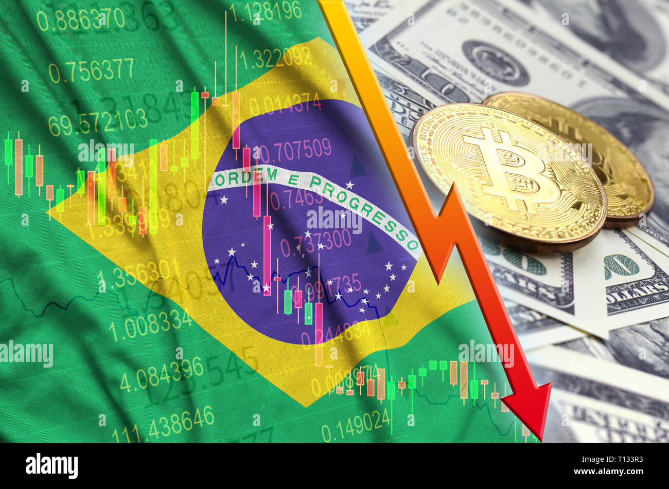 Brazil flag and cryptocurrency falling trend with two bitcoins on dollar  bills. Concept of depreciation Bitcoin in price against the dollar Stock  Photo - Alamy