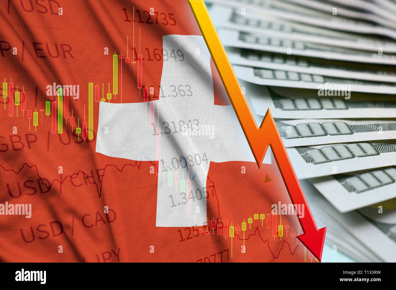 Switzerland flag and chart falling US dollar position with a fan of