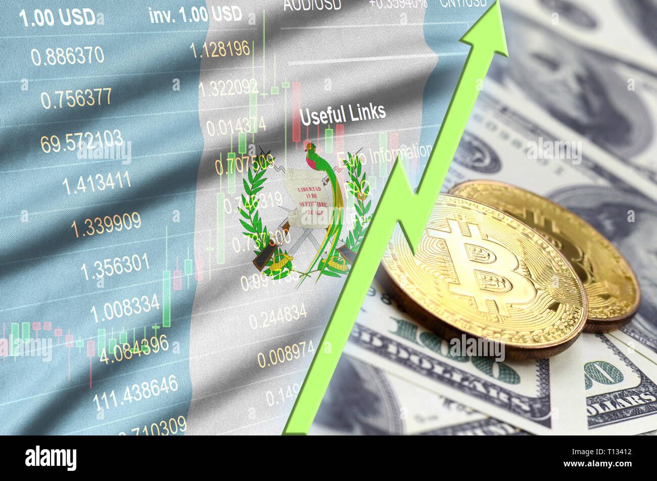 Guatemala flag and cryptocurrency growing trend with two bitcoins on dollar  bills. Concept of raising Bitcoin in price against the dollar Stock Photo -  Alamy