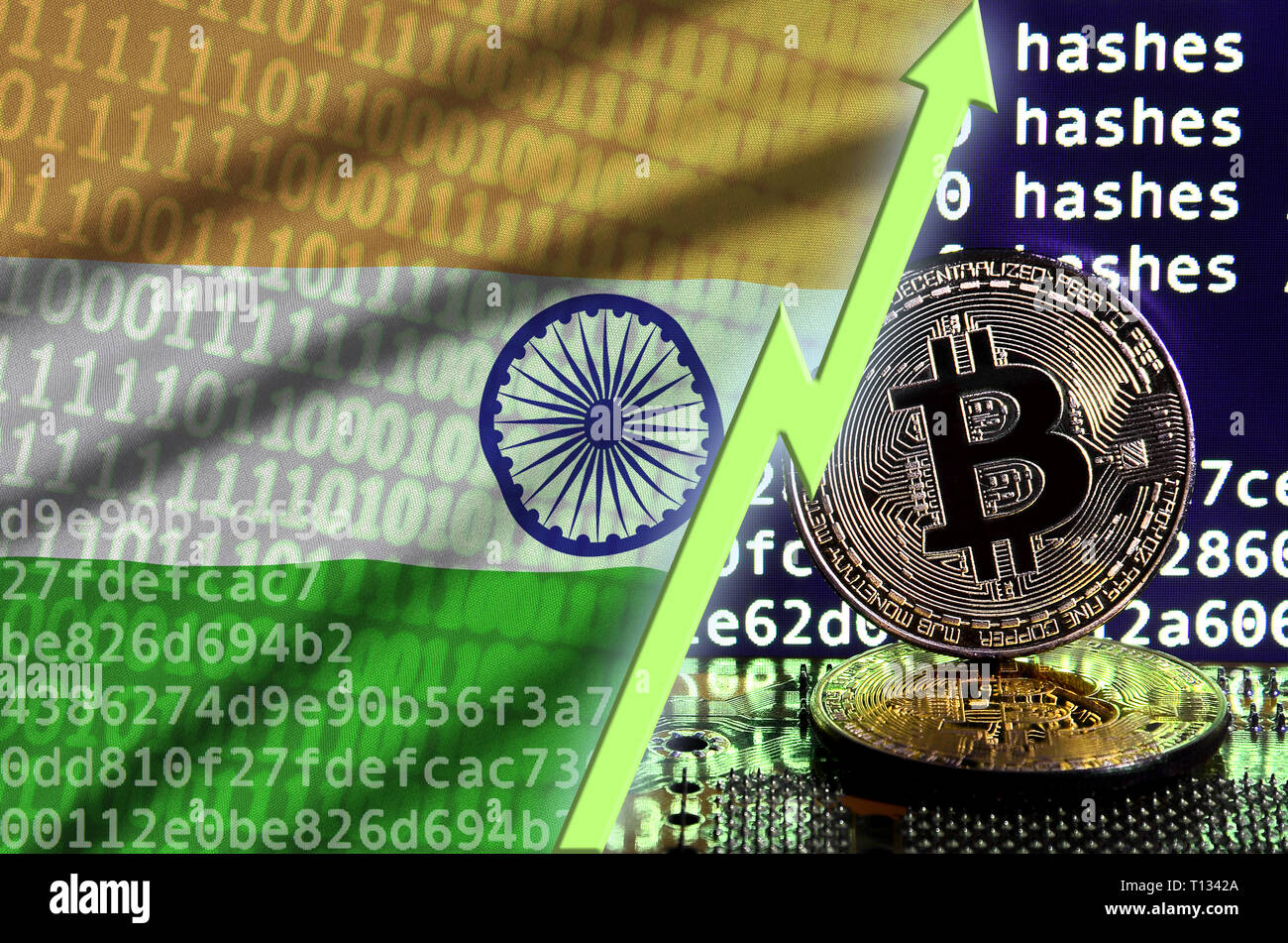 India flag and rising green arrow on bitcoin mining screen and two physical  golden bitcoins. Concept of high conversion in cryptocurrency mining Stock  Photo - Alamy