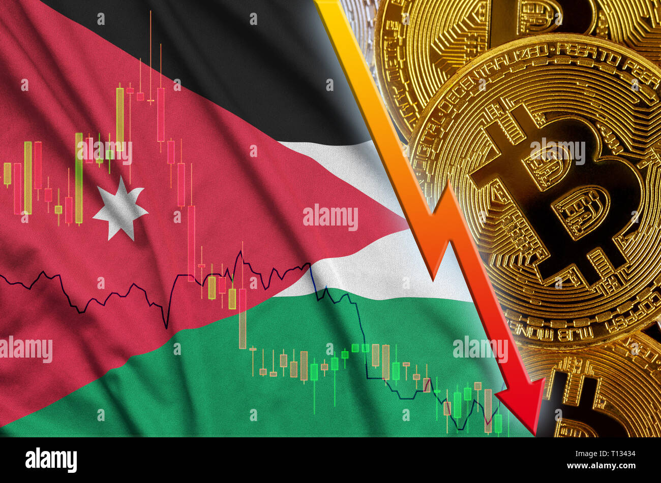 Jordan flag and cryptocurrency falling trend with many golden bitcoins.  Concept of reduction Bitcoin in price or bad conversion in cryptocurrency  mini Stock Photo - Alamy