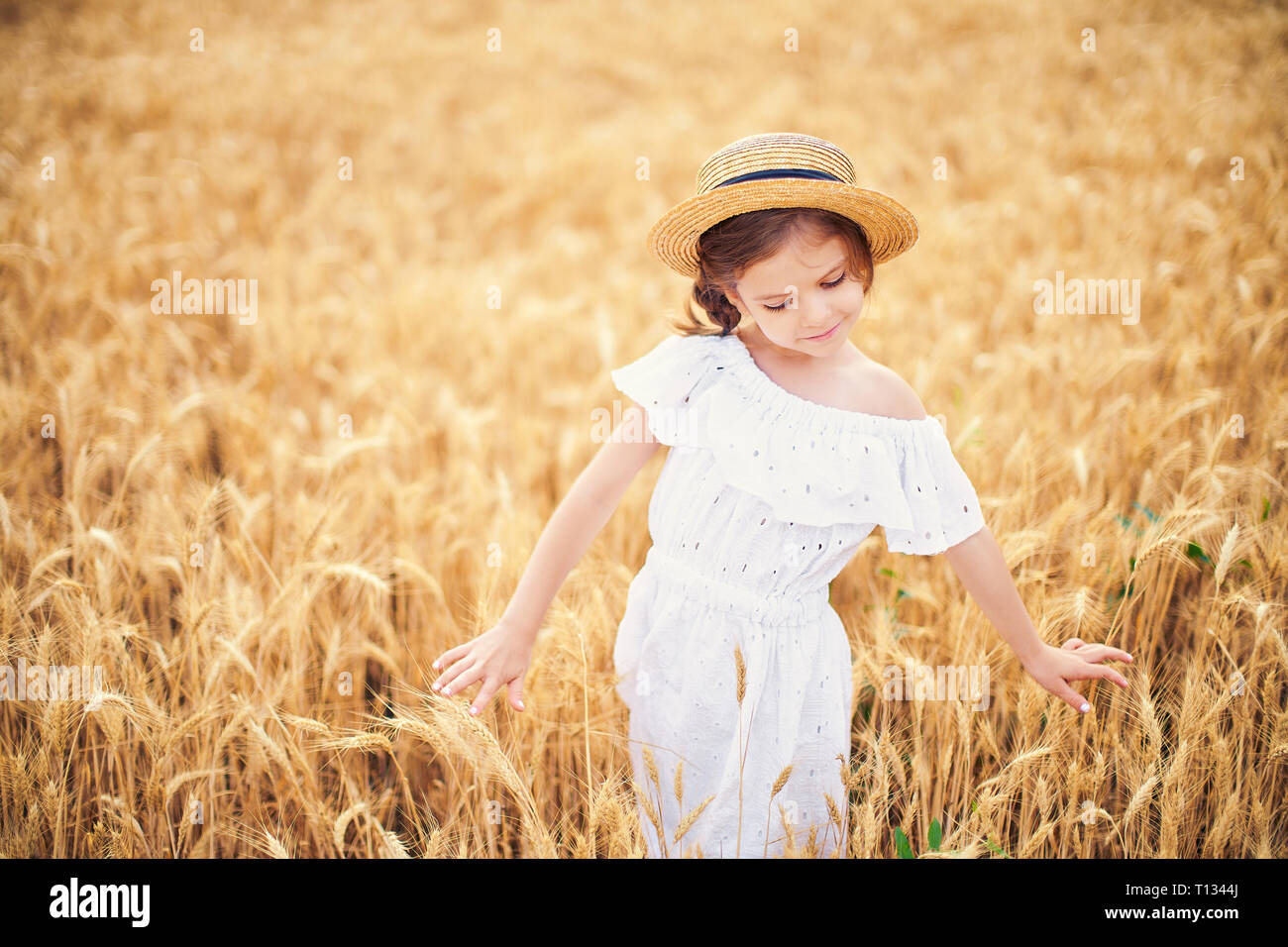Happy child in autumn wheat field. Beautiful girl in white dress and ...