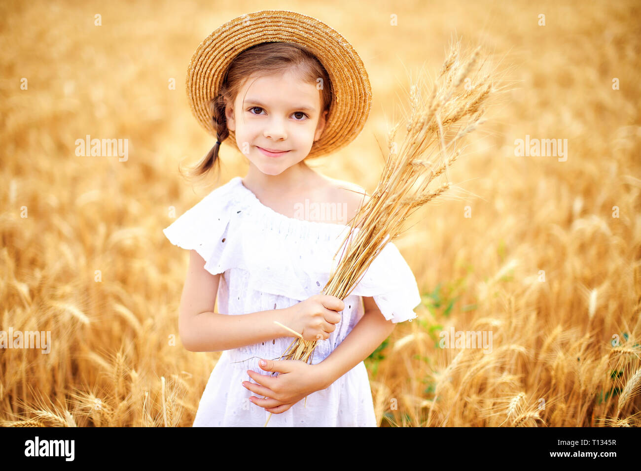 Happy child in autumn wheat field. Beautiful girl in white dress and ...