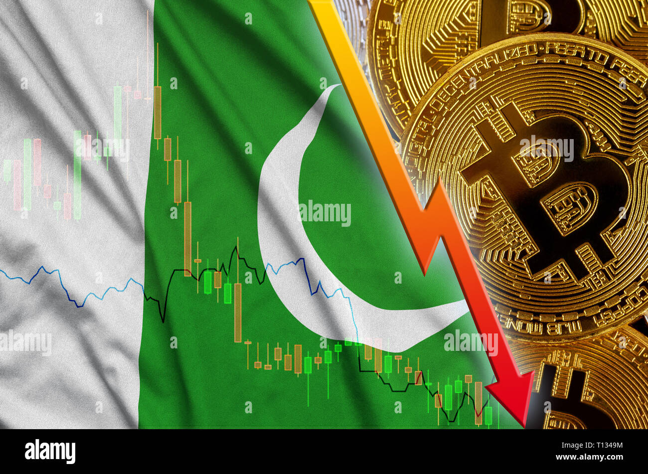 Pakistan flag and cryptocurrency falling trend with many golden bitcoins.  Concept of reduction Bitcoin in price or bad conversion in cryptocurrency  mi Stock Photo - Alamy