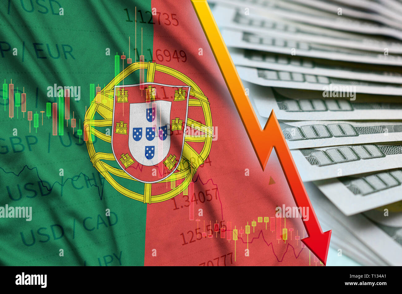 Portugal flag and chart falling US dollar position with a fan of dollar bills. Concept of depreciation value of US dollar currency Stock Photo