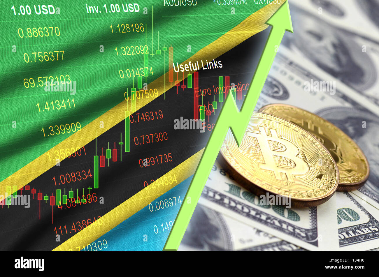 Tanzania flag and cryptocurrency growing trend with many golden bitcoins.  Concept of raising Bitcoin in price or high conversion in cryptocurrency mi  Stock Photo - Alamy