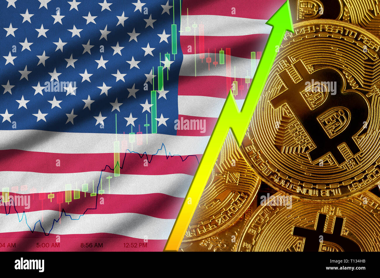 United States of America flag and cryptocurrency growing trend with many  golden bitcoins. Concept of raising Bitcoin in price or high conversion in  c Stock Photo - Alamy