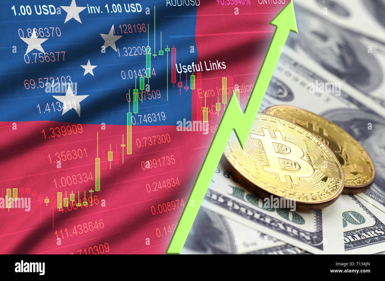 Samoa flag and cryptocurrency growing trend with two bitcoins on dollar  bills. Concept of raising Bitcoin in price against the dollar Stock Photo -  Alamy