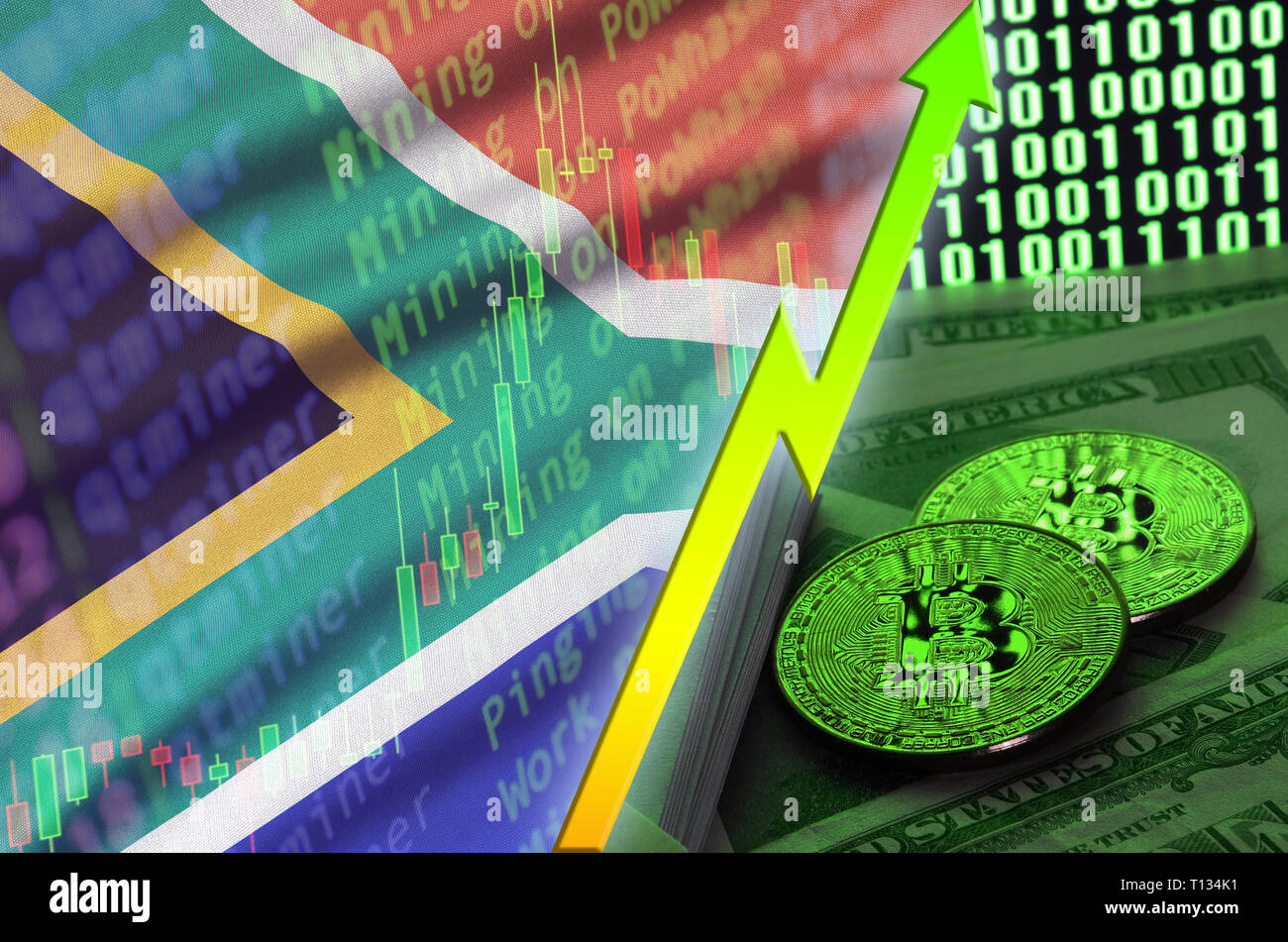 South Africa flag and cryptocurrency growing trend with two bitcoins on  dollar bills and binary code display. Concept of raising Bitcoin in price  and Stock Photo - Alamy