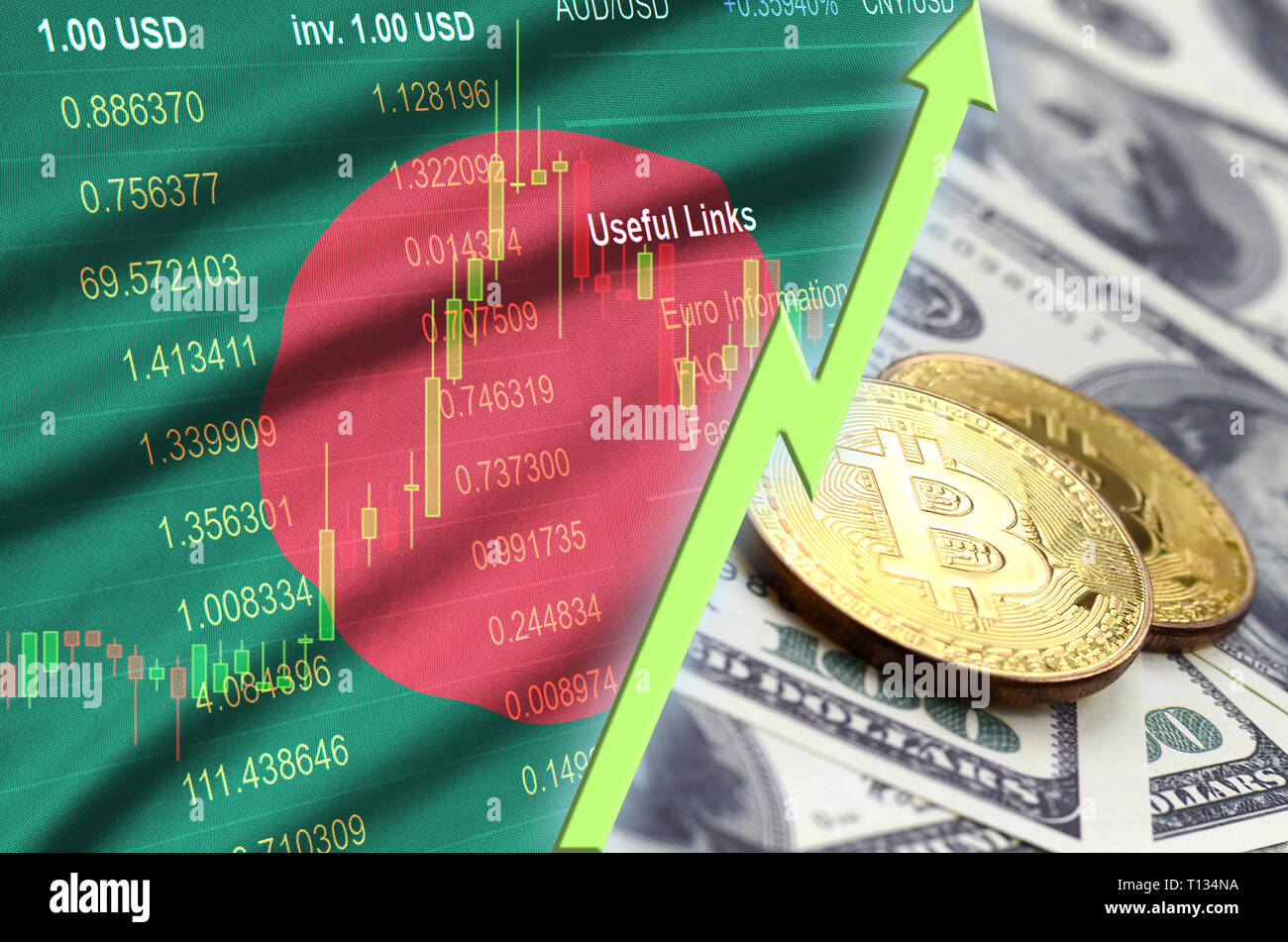 Bangladesh flag and cryptocurrency growing trend with two bitcoins on  dollar bills. Concept of raising Bitcoin in price against the dollar Stock  Photo - Alamy