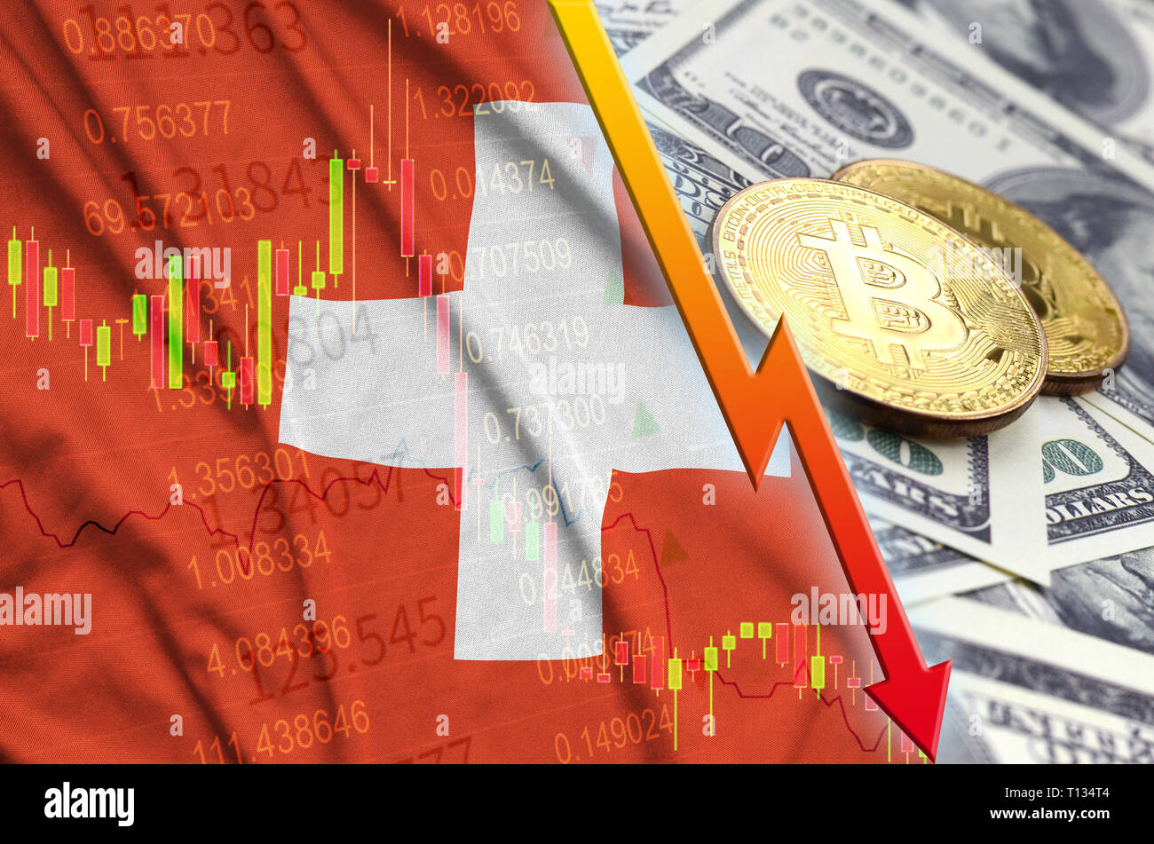 Switzerland bitcoin flag, national flag cryptocurrency concept black  background Stock Photo - Alamy