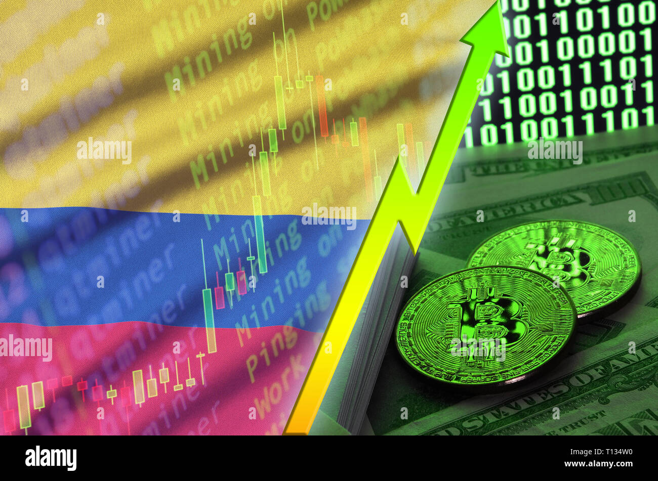 Colombia flag and cryptocurrency growing trend with two bitcoins on dollar  bills and binary code display. Concept of raising Bitcoin in price and high  Stock Photo - Alamy