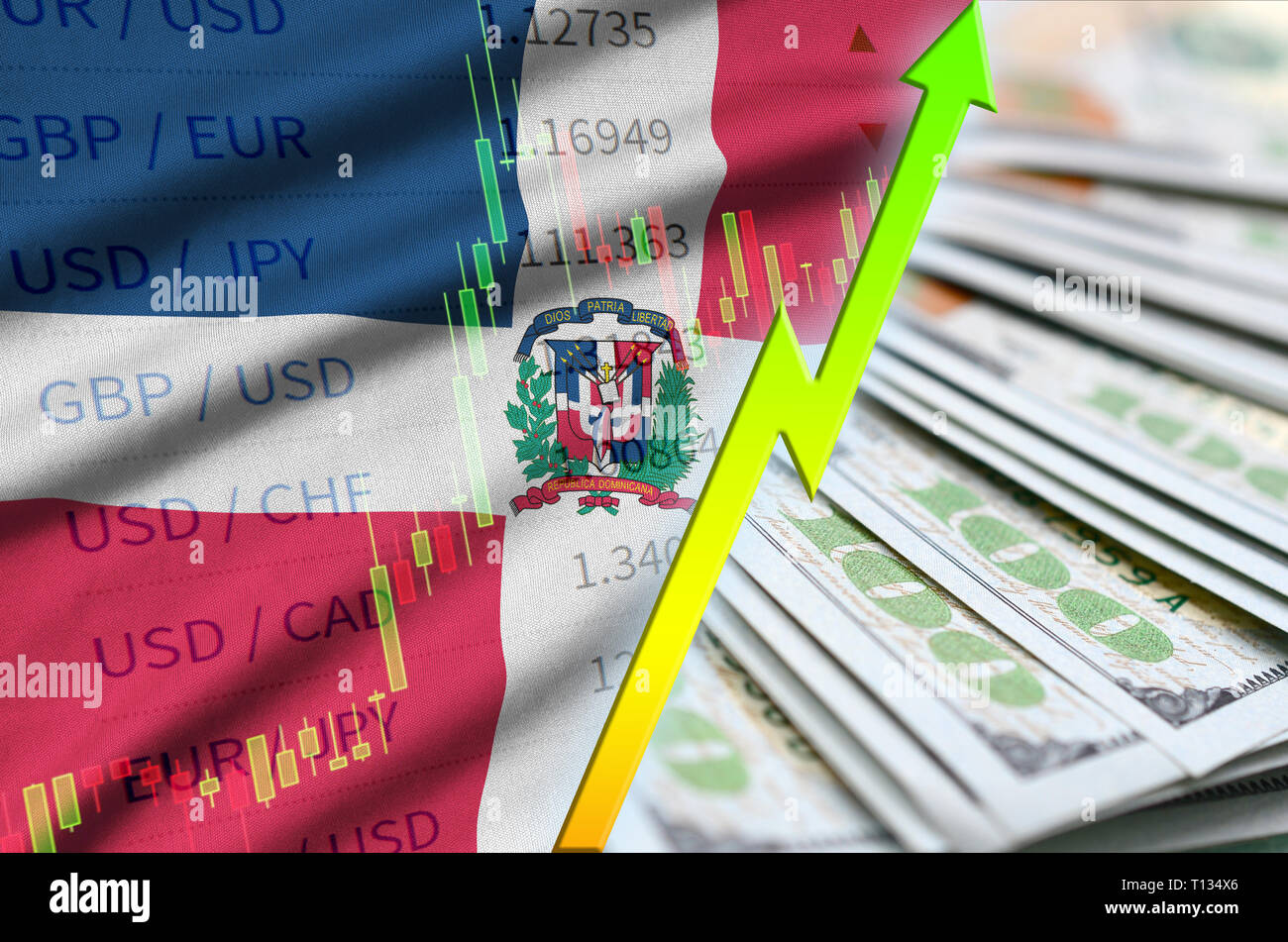 Dominican Republic flag and chart growing US dollar position with a fan