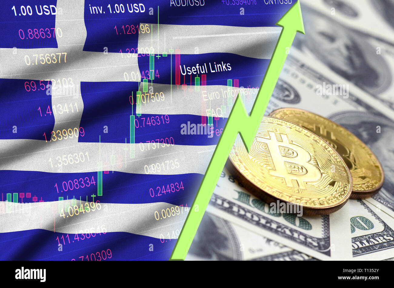 Greece flag and cryptocurrency growing trend with two bitcoins on dollar  bills. Concept of raising Bitcoin in price against the dollar Stock Photo -  Alamy