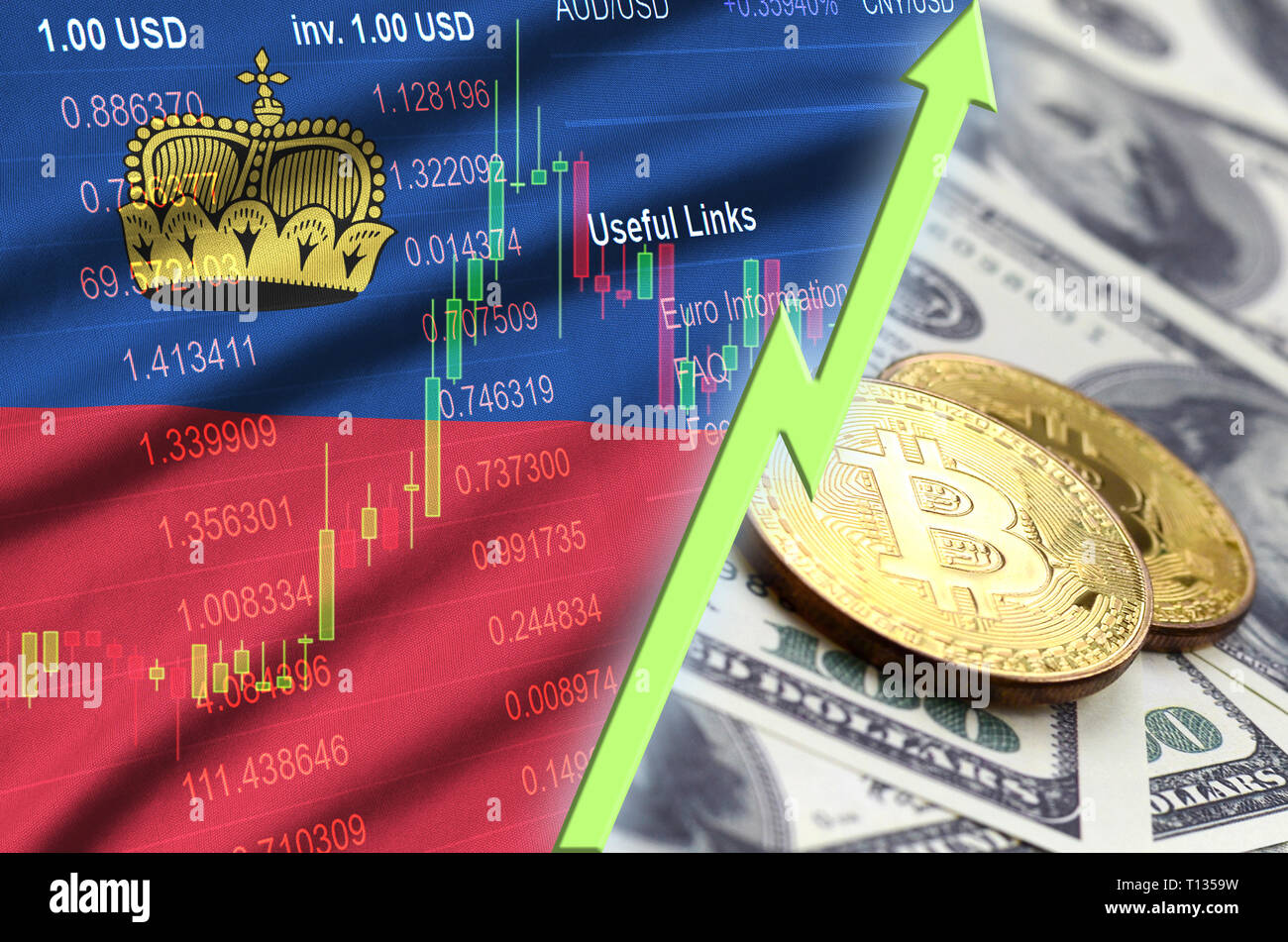 Liechtenstein flag and cryptocurrency growing trend with many golden  bitcoins. Concept of raising Bitcoin in price or high conversion in Stock  Photo - Alamy