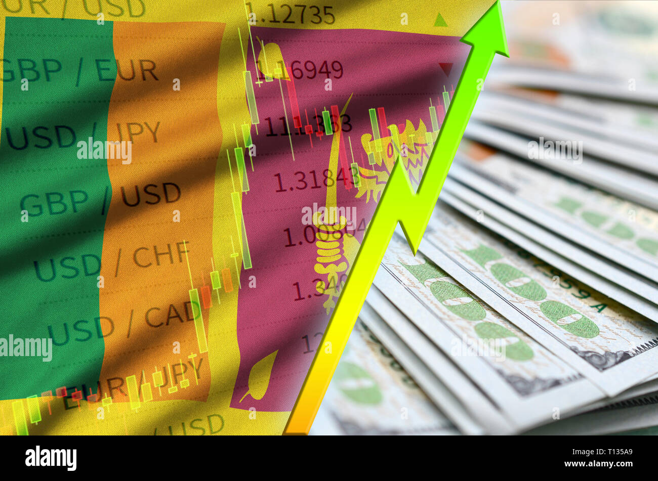 Sri Lanka flag and chart growing US dollar position with a fan of dollar bills. Concept of
