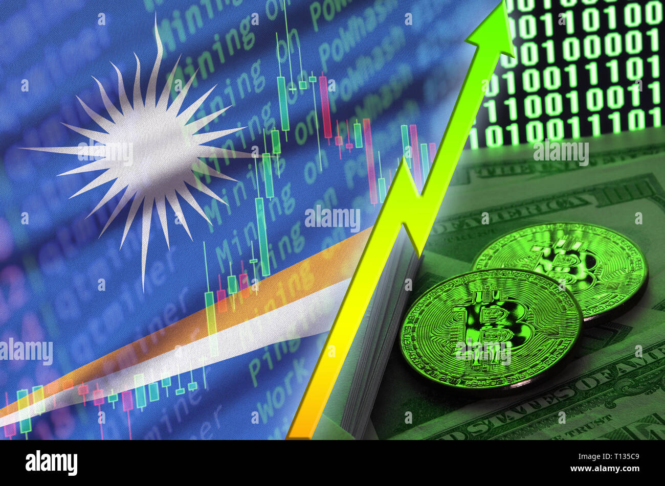 Marshall Islands flag and cryptocurrency growing trend with many golden  bitcoins. Concept of raising Bitcoin in price or high conversion in  cryptocur Stock Photo - Alamy